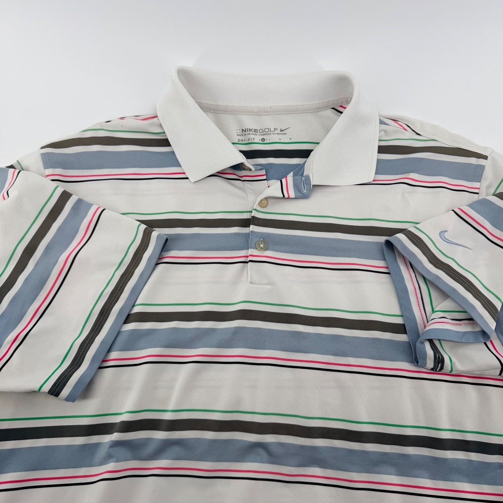 Nike Golf Dri-FIT Striped Polo Shirt Performance Short Sleeve Large White 417500